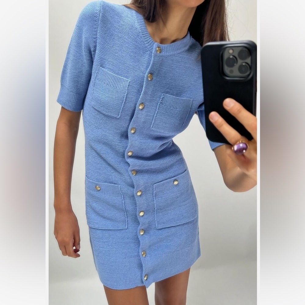 Blue Button-Up Knit Dress Zara